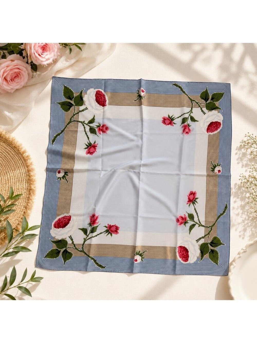 Vintage Regalized Floral Rose Striped Blue Silk Rayon Scarf Handrolled Hem Japan